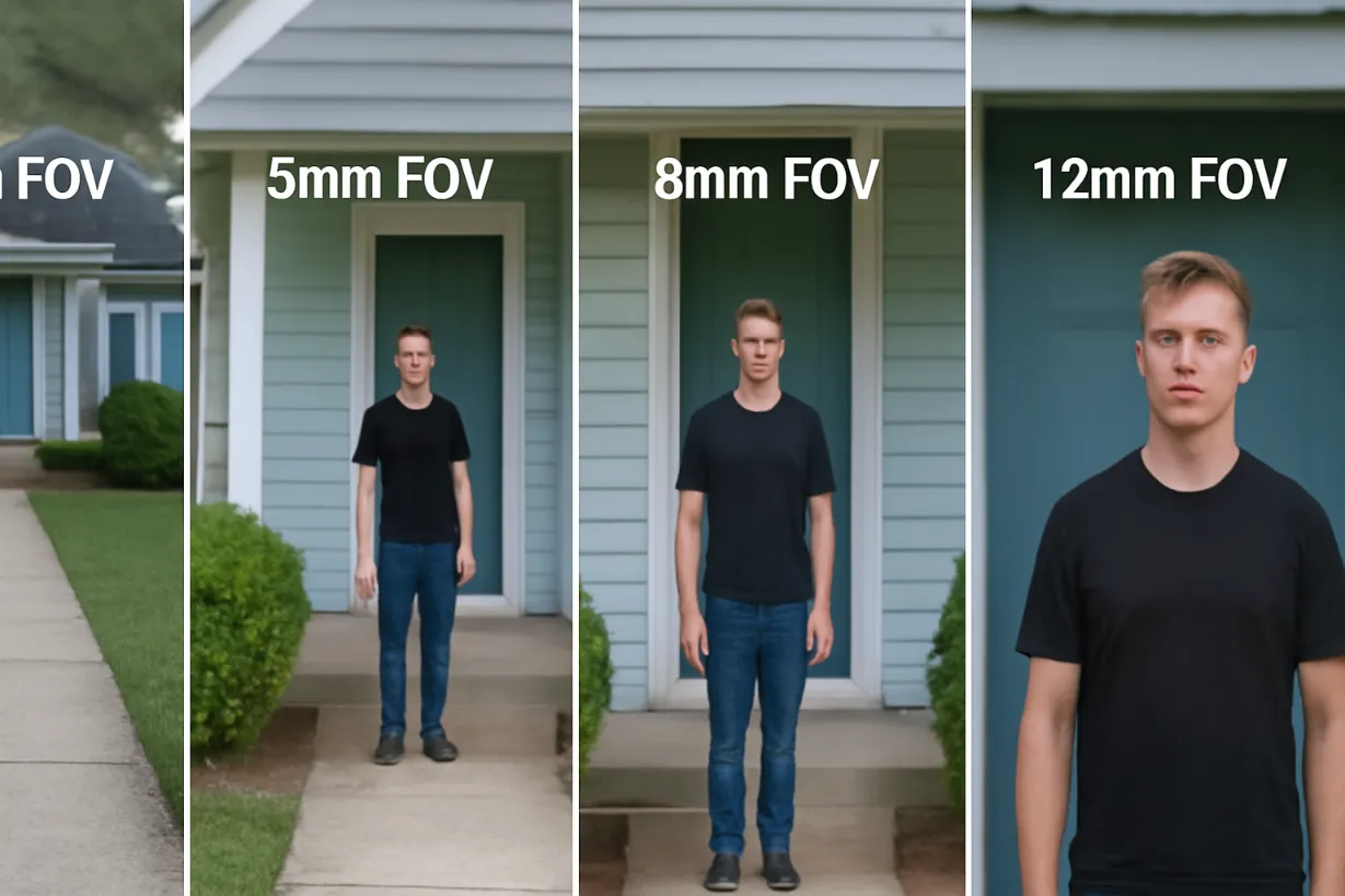 Comparison of CCTV lens focal lengths showing 2.8mm vs 5mm vs 8mm vs 12mm field of view
